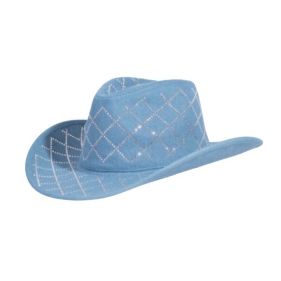 Rhinestone‎ Diamond Pattern Denim Cowboy Fedora Hat Bling - Picture 1 of 5